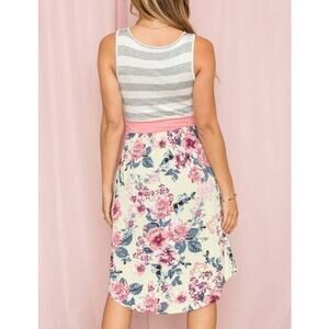 Pink & Yellow Floral Stripe Pocket Band Sleeveless Midi Dress